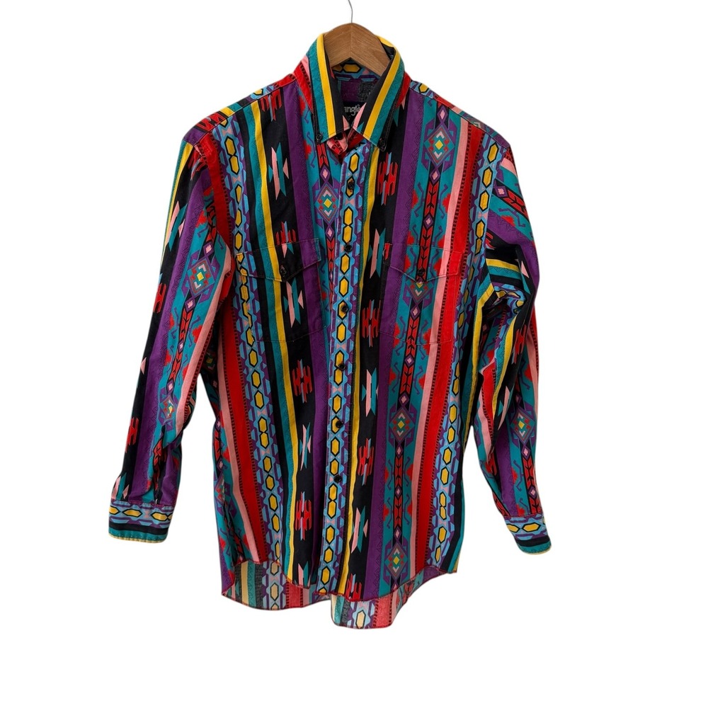 Vtg Wrangler Brushpopper Button Up Shirt 15 1/2-33 Aztec Western X Long Tails